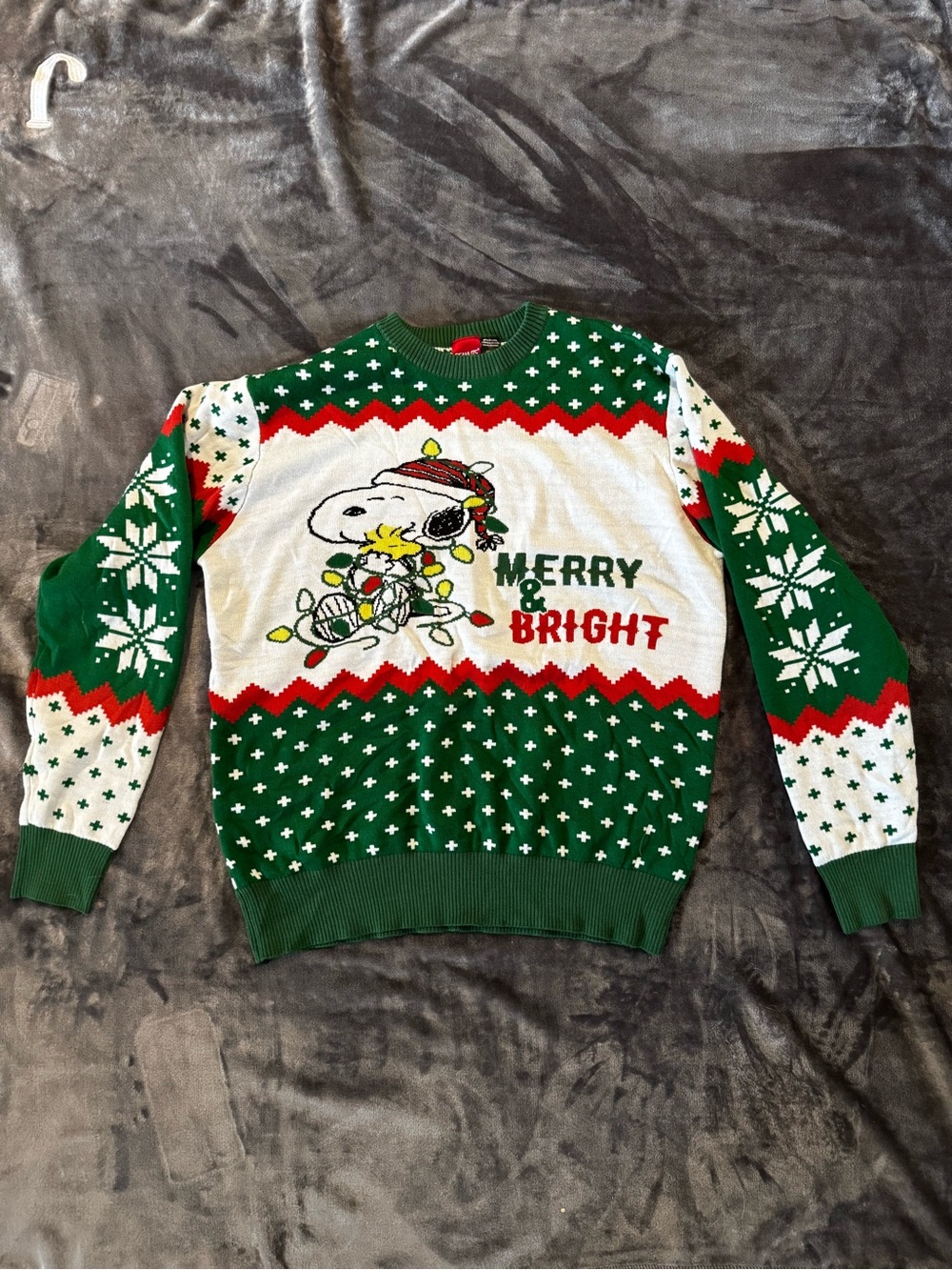 Peanuts Green, White & Red Crewneck Sweater with Snoopy & Woodstock